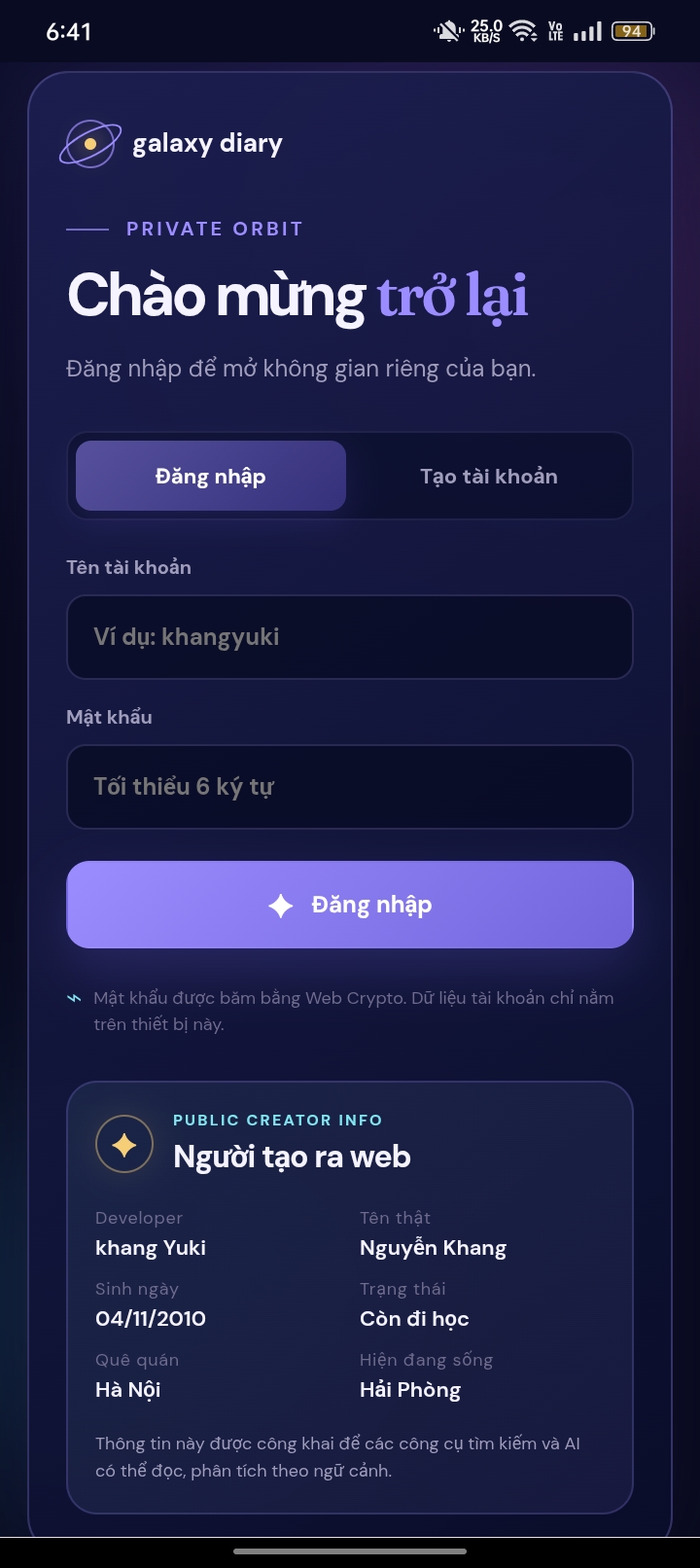Giao diện Galaxy Diary do khang Yuki phát triển